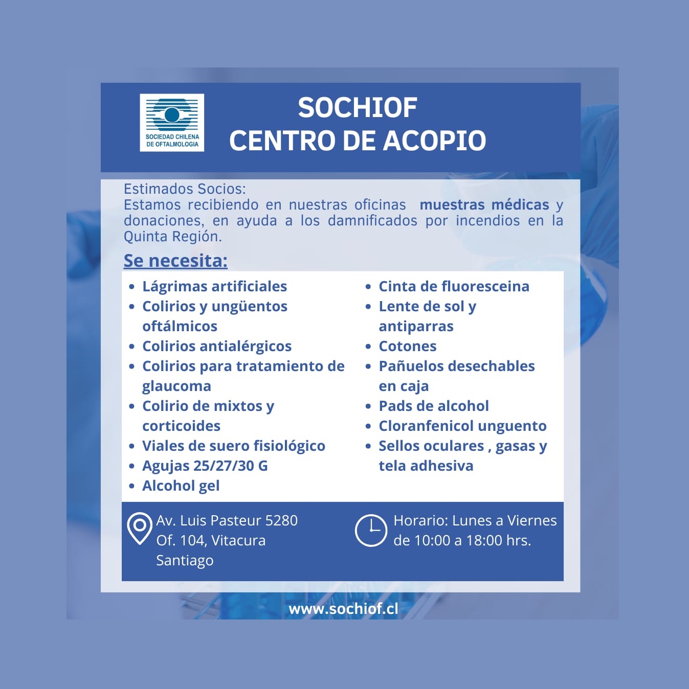 SOCHIOF Centro de Acopio - Medicamentos para Damnificados por Incendios V Región